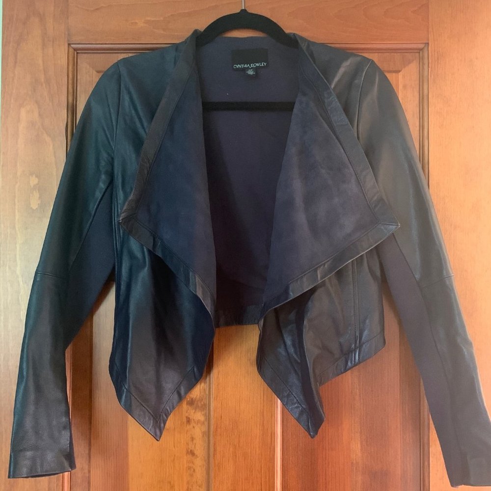 Cynthia Rowley Cropped Navy Blue Leather Jacket